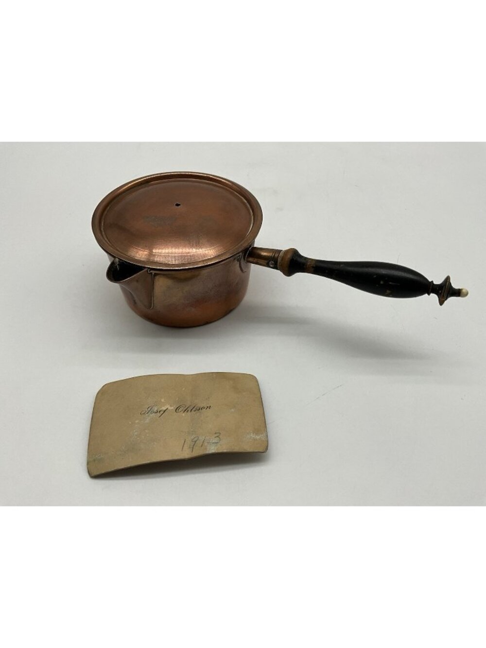 Antique Swedish Copper Ware Cooking Pot with Lid Miniature 8" Long x 2" high